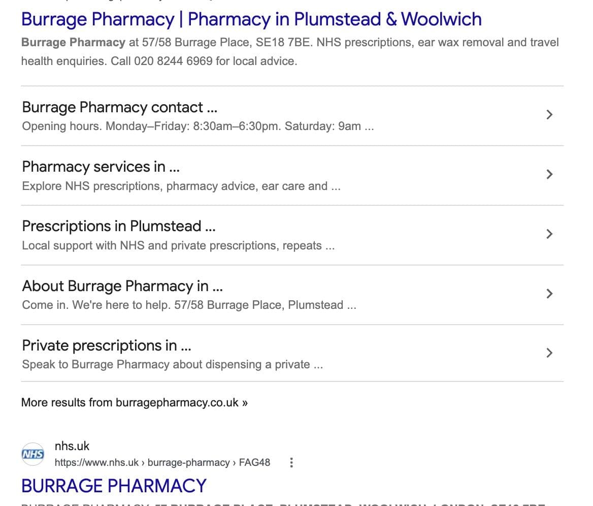 Google search for Burrage Pharmacy showing the new website first with sitelinks