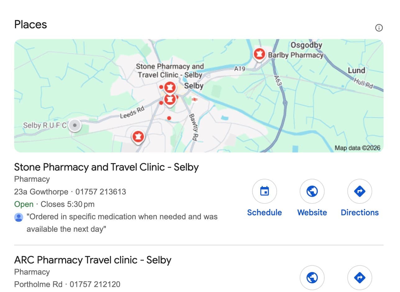 Google search for pharmacy selby showing Stone Pharmacy first with a Schedule button